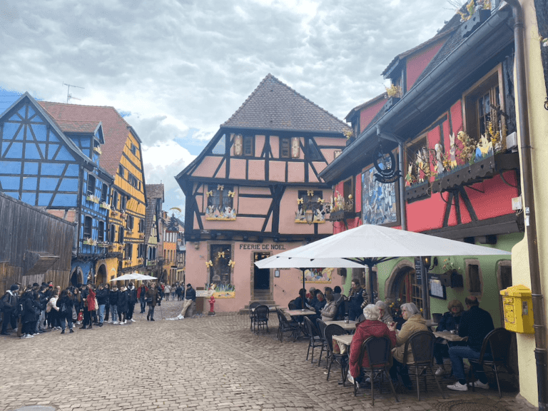 A cobblestone downtown area in Alsace France