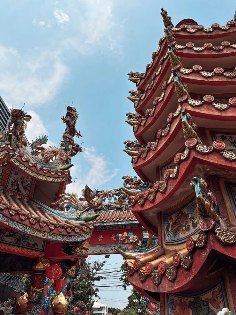Ornate pagodas are at the entrance of Chinatown in Chiang Mai, Thailand.