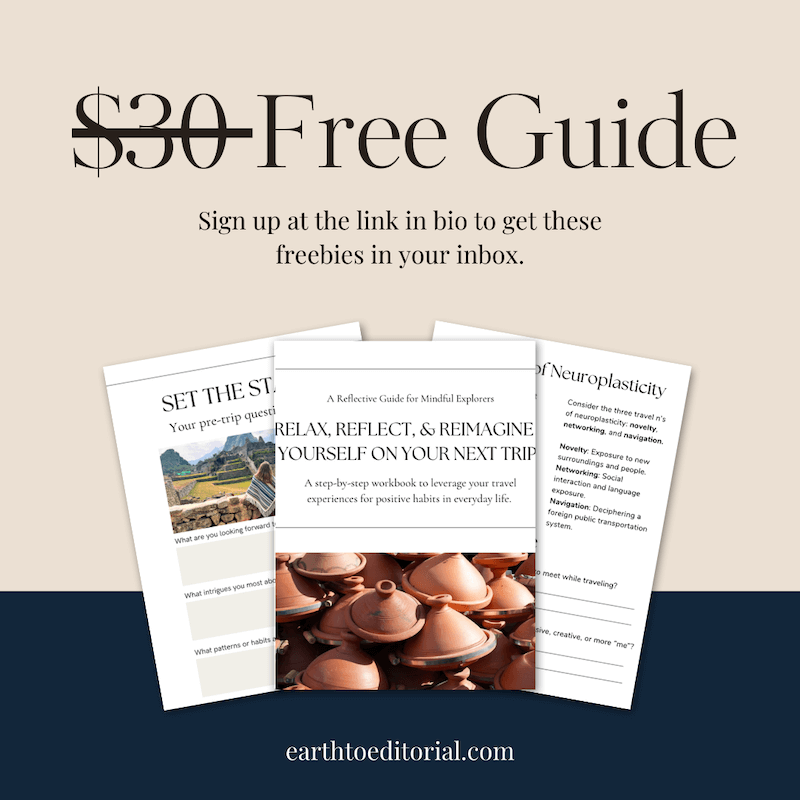 Get the free journaling prompt guide for better travel habits, exclusively on Earth To Editorial, an authentic travel blog. 